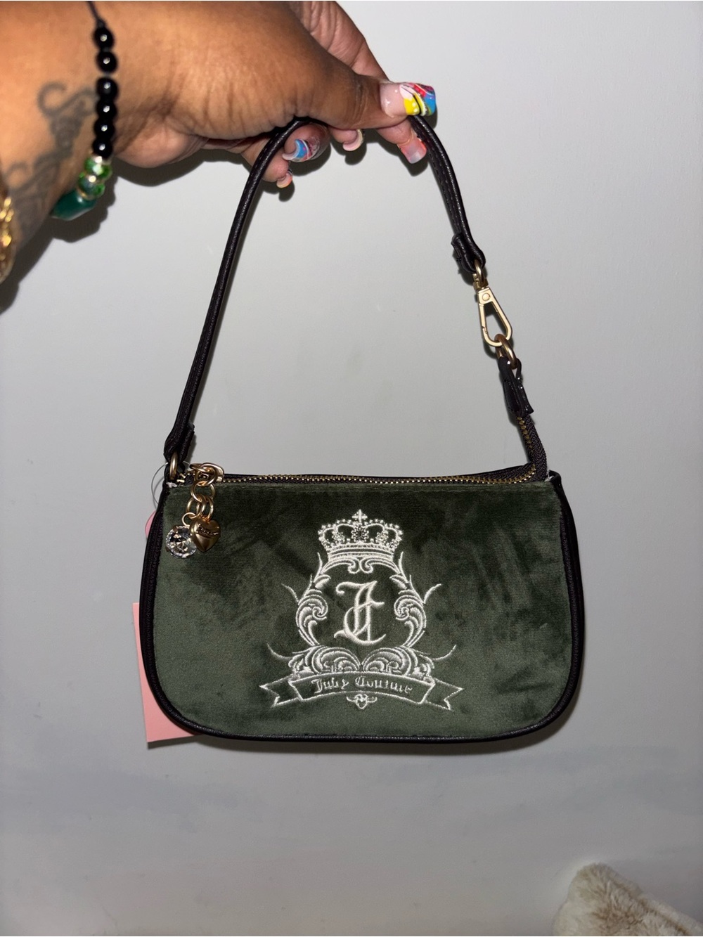 Juicy Couture Dark Olive Velvet Mini Shoulder Bag with Crest Embroidery